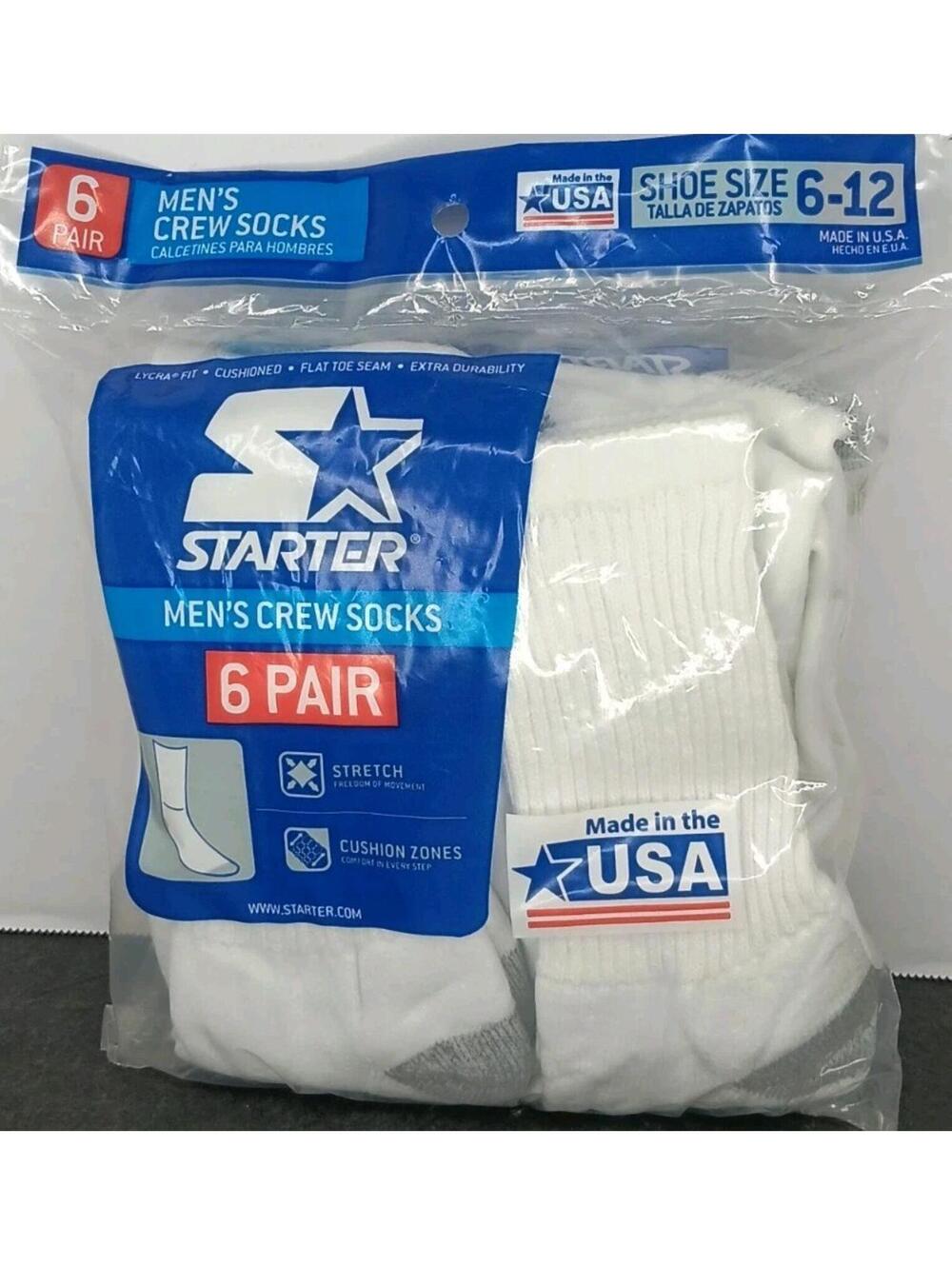 NEW Starter Mens Size 6 - 12 White Crew  6 Pair Socks Made in USA *SEALED*